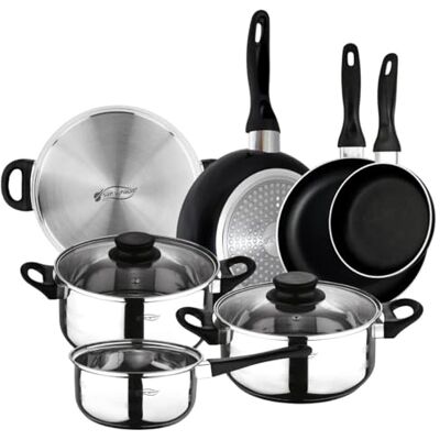 San Ignacio Batería de cocina de 3 piezas (1.6L, 2.3L, 3.3L) en acero inoxidable y Set de 3 sartenes (16-20-24 cm) en aluminio prensado antiadherente, apto inducción San Ignacio Batería de cocina de 3 piezas (1.6L, 2.3L, 3.3L) en acero inoxidable y Set de 3 sartenes (16-20-24 cm) en aluminio prensado antiadherente, apto inducción