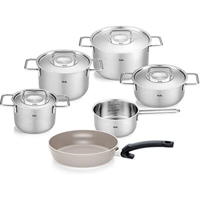 Fissler Pure Collection Juego de Cacerolas de Acero Inoxidable, 6 Piezas, Ollas con Tapadera Metálica (3 Cacerolas y 1 Sartén, 1 Cazo, 1 Sartén Ceratal Comfort de 24 cm), Inducción Fissler Pure Collection Juego de Cacerolas de Acero Inoxidable, 6 Piezas, Ollas con Tapadera Metálica (3 Cacerolas y 1 Sartén, 1 Cazo, 1 Sartén Ceratal Comfort de 24 cm), Inducción