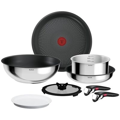 Tefal Ingenio Comfort Max Juego de 2 Sartenes de 24/28 cm, Wok de 26 cm, Cazo de 20 cm, 2 Tapas, 2 Mango extraíbles, Acero inoxidable, Apilable, Revestimiento antiadherente, Thermo-Signal, Inducción Tefal Ingenio Comfort Max Juego de 2 Sartenes de 24/28 cm, Wok de 26 cm, Cazo de 20 cm, 2 Tapas, 2 Mango extraíbles, Acero inoxidable, Apilable, Revestimiento antiadherente, Thermo-Signal, Inducción