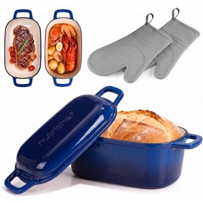 NutriChef horno holandés ovalado para masa madre, Molde para pan con tapa, Hierro fundido esmaltado, Con guantes de silicona para pan artisanal, 29.5 cm NutriChef horno holandés ovalado para masa madre, Molde para pan con tapa, Hierro fundido esmaltado, Con guantes de silicona para pan artisanal, 29.5 cm