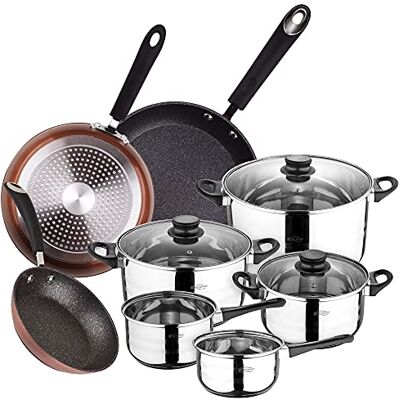 San Ignacio Bateria de cocina 8 piezas en acero inoxidable, con juego de sartenes Premium (20,24 y 28 cm) en aluminio forjado, inducción, San Ignacio Bateria de cocina 8 piezas en acero inoxidable, con juego de sartenes Premium (20,24 y 28 cm) en aluminio forjado, inducción,