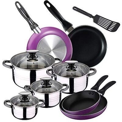 San Ignacio batería de Cocina 4 cacerolas con Tapas de Vidrio, y Set 4 sartenes 16/20/24/28 cms, más espátula de Regalo, Acero Inoxidable/Aluminio prensado/Nylon San Ignacio batería de Cocina 4 cacerolas con Tapas de Vidrio, y Set 4 sartenes 16/20/24/28 cms, más espátula de Regalo, Acero Inoxidable/Aluminio prensado/Nylon