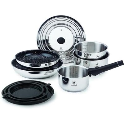 LAGUIOLE , juego de cocina de 10 piezas de acero inoxidable con revestimiento cerámico antiadherente, compatible con inducción, mango extraíble, 3 ollas y 2 sartenes, Plata LAGUIOLE , juego de cocina de 10 piezas de acero inoxidable con revestimiento cerámico antiadherente, compatible con inducción, mango extraíble, 3 ollas y 2 sartenes, Plata
