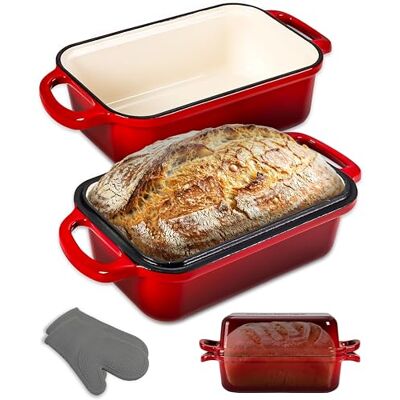 NutriChef horno holandés rectangular para masa madre, Molde para pan con tapa, Hierro fundido esmaltado, Con guantes de silicona para pan artesanal, 35 cm NutriChef horno holandés rectangular para masa madre, Molde para pan con tapa, Hierro fundido esmaltado, Con guantes de silicona para pan artesanal, 35 cm