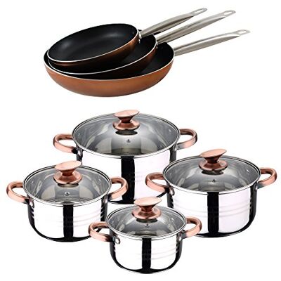 San Ignacio BATERIA 8 Piezas SIP + Set 3 SARTENES Professional Chef Copper 20/24/28 Cocina, Cromado, San Ignacio BATERIA 8 Piezas SIP + Set 3 SARTENES Professional Chef Copper 20/24/28 Cocina, Cromado,