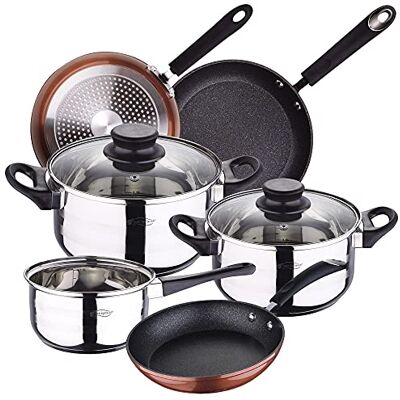 San Ignacio Bateria de cocina 5 piezas acero inoxidable, con juego sartenes Moma (20/24/28 cm) en aluminio forjado aptas para induccion, Negro/Blanco, () San Ignacio Bateria de cocina 5 piezas acero inoxidable, con juego sartenes Moma (20/24/28 cm) en aluminio forjado aptas para induccion, Negro/Blanco, ()