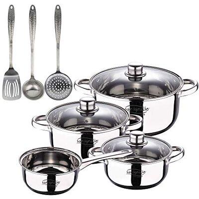 San Ignacio Cassel Batería de cocina 7 piezas Cazo Ø16 / Cacerolas Ø18 Ø20 y Ø24, acero inoxidable, inducción + Set utensilios de cocina 3pcs en acero inoxidable con mangos decorados efecto martillado San Ignacio Cassel Batería de cocina 7 piezas Cazo Ø16 / Cacerolas Ø18 Ø20 y Ø24, acero inoxidable, inducción + Set utensilios de cocina 3pcs en acero inoxidable con mangos decorados efecto martillado