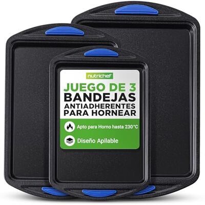 Nutrichef bandejas horno, Set de 3, Mangos de silicona, Apilables, Acero al carbono resistente, Antiadherente Nutrichef bandejas horno, Set de 3, Mangos de silicona, Apilables, Acero al carbono resistente, Antiadherente