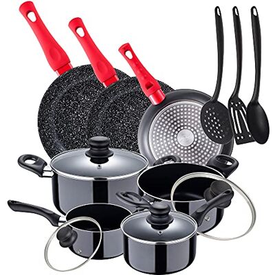 San Ignacio Pack 3 sartenes Ø20/24/28 cm + Batería de cocina 8 piezas + Set accesorios utensilios de cocina en nylon, aluminio, inducción San Ignacio Pack 3 sartenes Ø20/24/28 cm + Batería de cocina 8 piezas + Set accesorios utensilios de cocina en nylon, aluminio, inducción