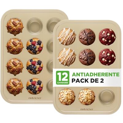 NutriChef Moldes para Muffins, Cupcakes, Antiadherentes, 2 Piezas con 12 Cavidades (Fundas No Incluidas), Apilables, Aptos para Lavavajillas NutriChef Moldes para Muffins, Cupcakes, Antiadherentes, 2 Piezas con 12 Cavidades (Fundas No Incluidas), Apilables, Aptos para Lavavajillas