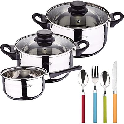 San Ignacio Renberg Bateria de cocina 5 piezas de acero inoxidable con cuberteria de 24 piezas en acero inoxidable en colores surtidos, San Ignacio Renberg Bateria de cocina 5 piezas de acero inoxidable con cuberteria de 24 piezas en acero inoxidable en colores surtidos,