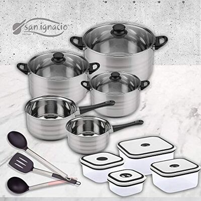 San Ignacio Premium BATERIA 8 Piezas, Acero Inoxidable, Multicolor, 5 cuerpos + 3 utensilios + 4 fiambreras San Ignacio Premium BATERIA 8 Piezas, Acero Inoxidable, Multicolor, 5 cuerpos + 3 utensilios + 4 fiambreras