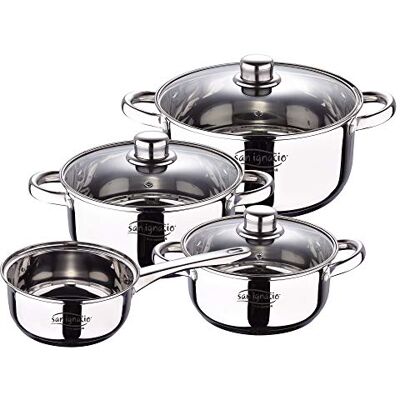 San Ignacio Bateria 7pca acero inoxidable: cazo Ø16x7,5 Cacerolas con tapa de Ø18x8,5 Ø20x9,5 y Ø24x11,5 cms, inducción, colección Cassel, 7 piezas San Ignacio Bateria 7pca acero inoxidable: cazo Ø16x7,5 Cacerolas con tapa de Ø18x8,5 Ø20x9,5 y Ø24x11,5 cms, inducción, colección Cassel, 7 piezas