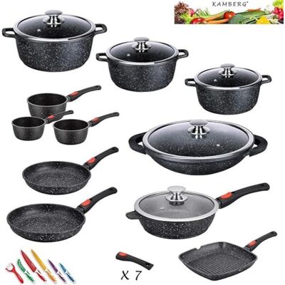 KAMBERG Batería de Cocina 27 Piezas, aluminio fundido, revestimiento piedra, todo tipo de fuentes de calor, incluida la inducción, mango extraíble, sin PFOA, negro KAMBERG Batería de Cocina 27 Piezas, aluminio fundido, revestimiento piedra, todo tipo de fuentes de calor, incluida la inducción, mango extraíble, sin PFOA, negro