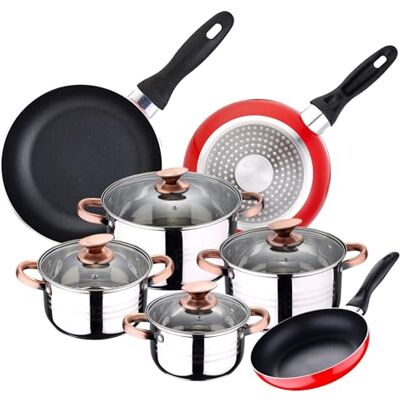 San Ignacio Batería de Cocina 4 cacerolas (1,9L + 2,7L + 3,5L + 5,1L) con 4 Tapas de Vidrio y 3 sartenes Ø16Ø20Ø24 en Acero Inoxidable apta para inducción San Ignacio Batería de Cocina 4 cacerolas (1,9L + 2,7L + 3,5L + 5,1L) con 4 Tapas de Vidrio y 3 sartenes Ø16Ø20Ø24 en Acero Inoxidable apta para inducción