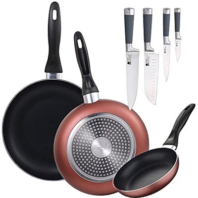 San Ignacio Set 3 sartenes Ø16/20/24 cm, aluminio prensado, aptas para inducción + Set 4 cuchillos de cocina: Chef, Santoku, Pelador y muliusos, mango con silicona San Ignacio Set 3 sartenes Ø16/20/24 cm, aluminio prensado, aptas para inducción + Set 4 cuchillos de cocina: Chef, Santoku, Pelador y muliusos, mango con silicona