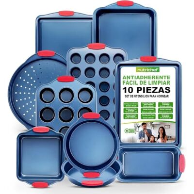 Nutrichef juego de 10 moldes, Utensilios horno, Baking set, Reposteria, Antiadherentes, Libres de PFOA, PFOS, PFTEE, Aptos para hornos hasta 230°C (450°F), Mangos de silicona Nutrichef juego de 10 moldes, Utensilios horno, Baking set, Reposteria, Antiadherentes, Libres de PFOA, PFOS, PFTEE, Aptos para hornos hasta 230°C (450°F), Mangos de silicona