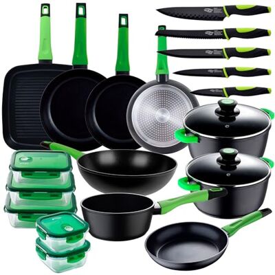 San Ignacio Juego de 2 cacerolas + 1 cazo + 4 sartenes + wok + sarten grill + juego de cuchillos + 5 fiambreras de la colección 'Vitoria'. San Ignacio Juego de 2 cacerolas + 1 cazo + 4 sartenes + wok + sarten grill + juego de cuchillos + 5 fiambreras de la colección 'Vitoria'.
