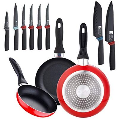 San Ignacio Juego de 3 sartenes 16/20/24 cm y set cuchillos de cocina y para carne, aluminio prensado, inducción, Rojo San Ignacio Juego de 3 sartenes 16/20/24 cm y set cuchillos de cocina y para carne, aluminio prensado, inducción, Rojo