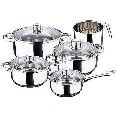 San Ignacio Batería de cocina: cazo 16x7,5 cm (1,4L), cacerolas con tapa de 18x8,5 (2L), de 20x9,5 cm (2,9L), de 24x11,5 cm (5,1L) y lechera con pico 14x12,5 cm (1,9L), acero inoxidable, inducción San Ignacio Batería de cocina: cazo 16x7,5 cm (1,4L), cacerolas con tapa de 18x8,5 (2L), de 20x9,5 cm (2,9L), de 24x11,5 cm (5,1L) y lechera con pico 14x12,5 cm (1,9L), acero inoxidable, inducción