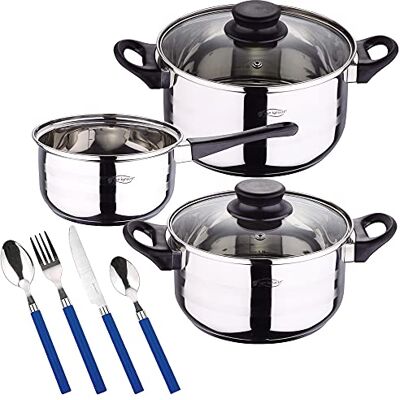 San Ignacio Renberg Bateria de cocina 5 piezas acero inoxidable con cuberteria de 24 piezas en acero inoxidable en color azul, San Ignacio Renberg Bateria de cocina 5 piezas acero inoxidable con cuberteria de 24 piezas en acero inoxidable en color azul,