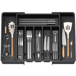 HIYAA Bandeja de utensilios extensible para cajón, organizador de cajones para cocina, soporte de almacenamiento de plástico para cubiertos, cucharas, tenedores, etc,negro HIYAA Bandeja de utensilios extensible para cajón, organizador de cajones para cocina, soporte de almacenamiento de plástico para cubiertos, cucharas, tenedores, etc,negro