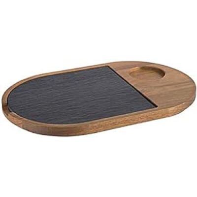APS Tabla de servir de 2 piezas, 28 x 17,5 cm, tacón de 5 cm de diámetro, tabla de madera rústica, tabla de cortar de madera de acacia, tabla de madera con pizarra natural APS Tabla de servir de 2 piezas, 28 x 17,5 cm, tacón de 5 cm de diámetro, tabla de madera rústica, tabla de cortar de madera de acacia, tabla de madera con pizarra natural