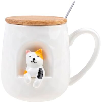 lachineuse Taza de gato con alivio 3D de porcelana, madera, metal, 380 ml, con tapa y cuchara, taza de café, té, chocolate, capuchino, idea de regalo original lachineuse Taza de gato con alivio 3D de porcelana, madera, metal, 380 ml, con tapa y cuchara, taza de café, té, chocolate, capuchino, idea de regalo original