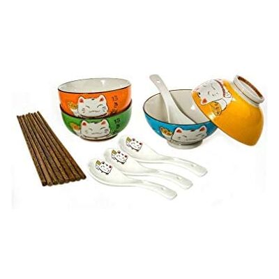 lachineuse Juego de comida japonés con forma de gato Maneki Neko 4 tazones, 4 pares de palillos, 4 cucharas Tazones para arroz, desayuno y sopa Vajilla japonesa colorida Regalo japonés lachineuse Juego de comida japonés con forma de gato Maneki Neko 4 tazones, 4 pares de palillos, 4 cucharas Tazones para arroz, desayuno y sopa Vajilla japonesa colorida Regalo japonés