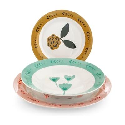 H&H Servicio de mesa Soft Bloom de porcelana decorada en forma de ala, 18 piezas, 6 platos llanos de 27 cm, 6 hondos de 20 cm, 6 frutas de 19,5 cm, apto para lavavajillas y microondas H&H Servicio de mesa Soft Bloom de porcelana decorada en forma de ala, 18 piezas, 6 platos llanos de 27 cm, 6 hondos de 20 cm, 6 frutas de 19,5 cm, apto para lavavajillas y microondas