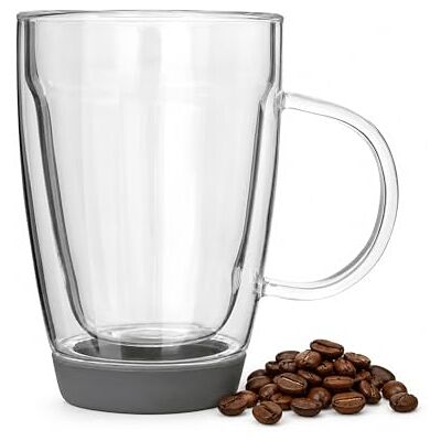 Premier Taza de Doble Pared, Cristal, Base de Silicona Gris, 350 ml, 9 cm Premier Taza de Doble Pared, Cristal, Base de Silicona Gris, 350 ml, 9 cm
