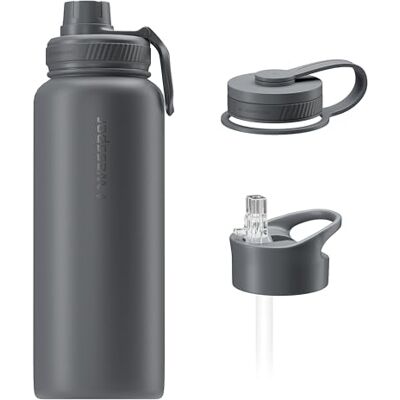 Wessper Botella Termica acero Inoxidable, 1 Litro, Termo para Agua con Tres Tapones Intercambiables, Botellas para Bebidas Frías y Calientes, Sin BPA Gris Wessper Botella Termica acero Inoxidable, 1 Litro, Termo para Agua con Tres Tapones Intercambiables, Botellas para Bebidas Frías y Calientes, Sin BPA Gris