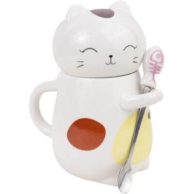 lachineuse – Taza de gato Kawaii – Happy Cat – Plaisir diario – 400 ml – Altura 16 cm – Con tapa y cuchara – Porcelana – Multicolor – Idea de regalo decorativo de Japón lachineuse – Taza de gato Kawaii – Happy Cat – Plaisir diario – 400 ml – Altura 16 cm – Con tapa y cuchara – Porcelana – Multicolor – Idea de regalo decorativo de Japón