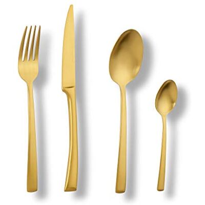ECHTWERK Avelino Gold Edition Cubertería (16 piezas, para hasta 4 personas, acero inoxidable 18/10, mate, para mesa de comedor, decoración de mesa para bodas y mesa de fiesta ECHTWERK Avelino Gold Edition Cubertería (16 piezas, para hasta 4 personas, acero inoxidable 18/10, mate, para mesa de comedor, decoración de mesa para bodas y mesa de fiesta