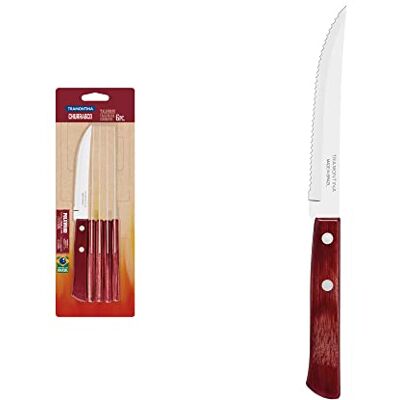 Tramontina Juego de Cuchillos Churrasco, para Asado, en Acero Inoxidable y Mangos de Madera Polywood en Color Rojo, Cubiertos con Remaches de Aluminio, 6 Piezas, Tamaño de 5 Tramontina Juego de Cuchillos Churrasco, para Asado, en Acero Inoxidable y Mangos de Madera Polywood en Color Rojo, Cubiertos con Remaches de Aluminio, 6 Piezas, Tamaño de 5