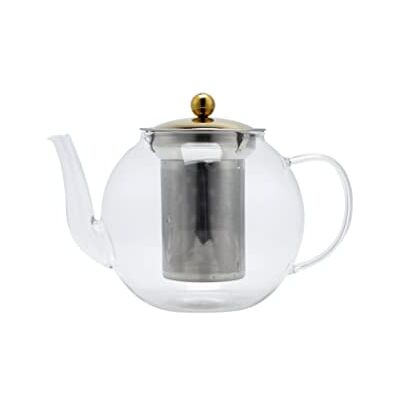 ECHTWERK Tetera de cristal de borosilicato, colador y tapa de acero inoxidable, resistente al calor, jarra de cristal apta para bebidas calientes y frías como té, café, agua, edición dorada, 1000 ml ECHTWERK Tetera de cristal de borosilicato, colador y tapa de acero inoxidable, resistente al calor, jarra de cristal apta para bebidas calientes y frías como té, café, agua, edición dorada, 1000 ml