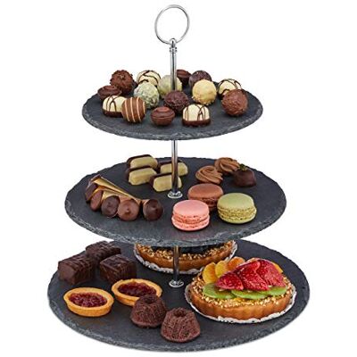 Relaxdays Soporte Tartas, 3 Pisos, Bandejas Pizarra, Expositor Pasteles, Platos Cupcakes, 34x30 cm, Antracita y Plateado Relaxdays Soporte Tartas, 3 Pisos, Bandejas Pizarra, Expositor Pasteles, Platos Cupcakes, 34x30 cm, Antracita y Plateado