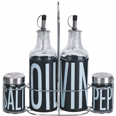 Tivoli Set de condimento de aceite, vinagre, sal y pimienta de vidrio y acero inoxidable, soporte de hierro, negro, Bigismore Tivoli Set de condimento de aceite, vinagre, sal y pimienta de vidrio y acero inoxidable, soporte de hierro, negro, Bigismore