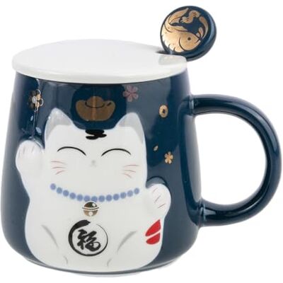 lachineuse – Taza en relieve, diseño de gato Maneki Neko, color azul, acompañada de una cuchara – porcelana – 8,5 x 9 cm – Decoración japonesa – Idea de regalo de Japón Asia lachineuse – Taza en relieve, diseño de gato Maneki Neko, color azul, acompañada de una cuchara – porcelana – 8,5 x 9 cm – Decoración japonesa – Idea de regalo de Japón Asia