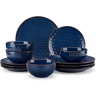 MALACASA Juego de Vajilla Completa de Gres 12 Piezas 4 Personas Azul Diseño en relieve, Incluye platos y cuencos de cereales 780 ml, Apto para microondas y lavavajillas, Uso diario MALACASA Juego de Vajilla Completa de Gres 12 Piezas 4 Personas Azul Diseño en relieve, Incluye platos y cuencos de cereales 780 ml, Apto para microondas y lavavajillas, Uso diario
