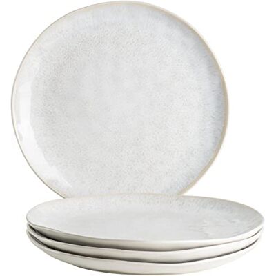 Mäser Juego de 4 platos llanos de cerámica con esmalte moteado y formas orgánicas, 4 platos grandes y planos de cerámica con un aspecto vintage y emocionante, gres, color blanco Mäser Juego de 4 platos llanos de cerámica con esmalte moteado y formas orgánicas, 4 platos grandes y planos de cerámica con un aspecto vintage y emocionante, gres, color blanco