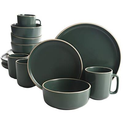 Gibson Zuma Juego de vajilla redonda de cocina de 16 piezas, platos, cuencos, tazas, servicio para 4, gres mate, verde Gibson Zuma Juego de vajilla redonda de cocina de 16 piezas, platos, cuencos, tazas, servicio para 4, gres mate, verde