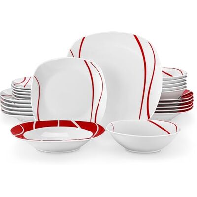 MALACASA , Serie FELISA, Juego de Vajilla de Porcelana de 24 Piezas para 6 Personas, Incluye Platos Llanos, Platos de Postre, Platos de Sopa y Cuencos para Cereal, con Diseño de Motivo de Líneas Rojas MALACASA , Serie FELISA, Juego de Vajilla de Porcelana de 24 Piezas para 6 Personas, Incluye Platos Llanos, Platos de Postre, Platos de Sopa y Cuencos para Cereal, con Diseño de Motivo de Líneas Rojas