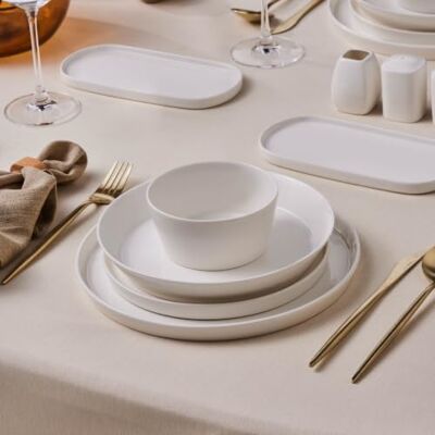 KARACA Stream Bone Vajilla de 53 piezas para 12 personas, elegante juego de platos cuadrados de porcelana, color blanco KARACA Stream Bone Vajilla de 53 piezas para 12 personas, elegante juego de platos cuadrados de porcelana, color blanco