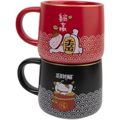 lachineuse – Juego de 2 tazas grandes con diseño de Maneki Neko – rojo y negro – diseño japonés – 435 ml – 8,5 x 9 cm – porcelana – Idea de regalo decorativo de Asia Japón lachineuse – Juego de 2 tazas grandes con diseño de Maneki Neko – rojo y negro – diseño japonés – 435 ml – 8,5 x 9 cm – porcelana – Idea de regalo decorativo de Asia Japón