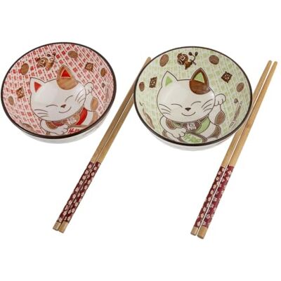 lachineuse Maneki Neko Juego de cuencos para arroz, desayuno y sopa, dúo gourmand verde y rojo, porcelana con palillos, gato de la suerte, regalo japonés lachineuse Maneki Neko Juego de cuencos para arroz, desayuno y sopa, dúo gourmand verde y rojo, porcelana con palillos, gato de la suerte, regalo japonés