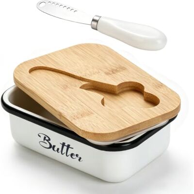 AiQInu Plato de Mantequilla, Mantequera de inoxidable con tapa de bambú y cuchillo multifuncional, Puede Contener 250g, contenedor de almacenamiento de mantequilla para nevera, encimera de cocina AiQInu Plato de Mantequilla, Mantequera de inoxidable con tapa de bambú y cuchillo multifuncional, Puede Contener 250g, contenedor de almacenamiento de mantequilla para nevera, encimera de cocina