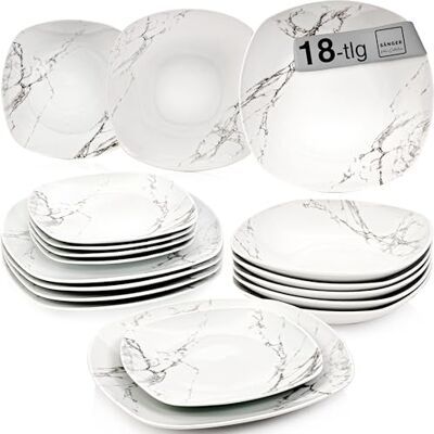 Sänger Vajilla Bilgola de mármol blanco, juego de 18 piezas para 6 personas con platos de sopa y postre y platos llanos de porcelana, juego de platos, vajilla rectangular, colección premium Sänger Vajilla Bilgola de mármol blanco, juego de 18 piezas para 6 personas con platos de sopa y postre y platos llanos de porcelana, juego de platos, vajilla rectangular, colección premium