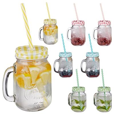 Relaxdays Set de 8 vasos con tapa, pajita y asa, Cristalería, Multi-color Relaxdays Set de 8 vasos con tapa, pajita y asa, Cristalería, Multi-color
