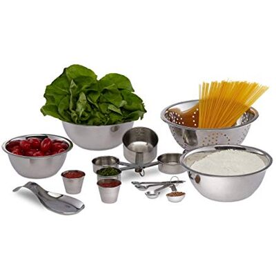 Relaxdays Juego de 15 utensilios de cocina, Boles para mezclar, Cucharas y tazas medidoras, Plateado, Acero inoxidable Relaxdays Juego de 15 utensilios de cocina, Boles para mezclar, Cucharas y tazas medidoras, Plateado, Acero inoxidable